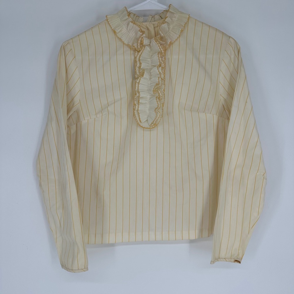 Vintage 70s Bobbie Brooks Striped Ruffle Neck Blouse Yellow Cream Victorian Top
